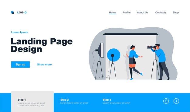 Professional photographer taking pictures of young woman landing page in flat style