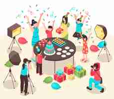 Free vector professional photographers with cameras and lighting facilities during making pictures of kids party isometric illustration
