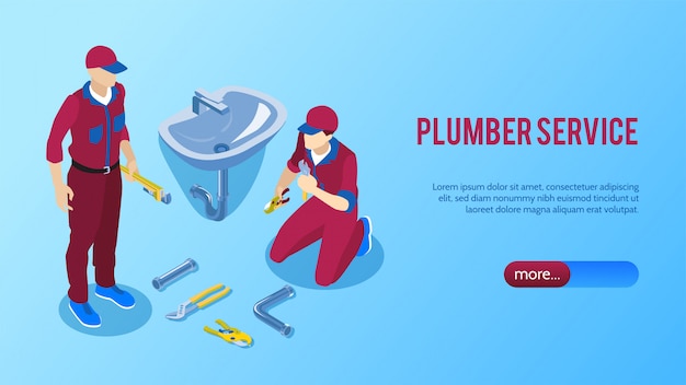 Free vector professional plumber service online horizontal isometric  banner with two repairmen fixing bathroom sink vector illustration