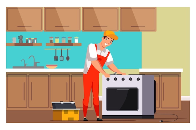 Free vector professional serviceman installing or repairing stove on kitchen repairman master working with household techniques home appliances repair service call