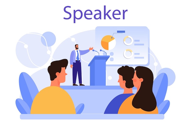 Free vector professional speaker concept rhetoric or elocution specialist speaking to a microphone business seminar speaker broadcasting or public address flat vector illustration