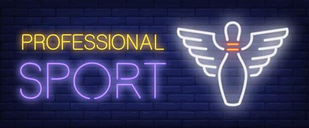 Professional sport neon text and bowling pin with wings