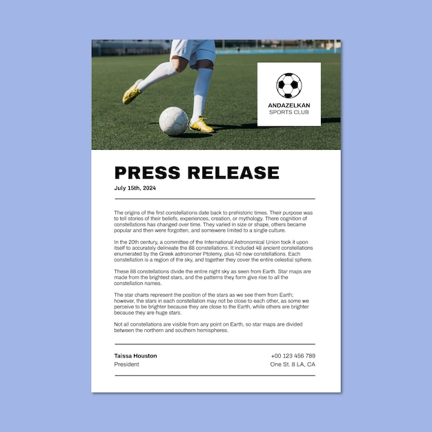 Professional sports press release