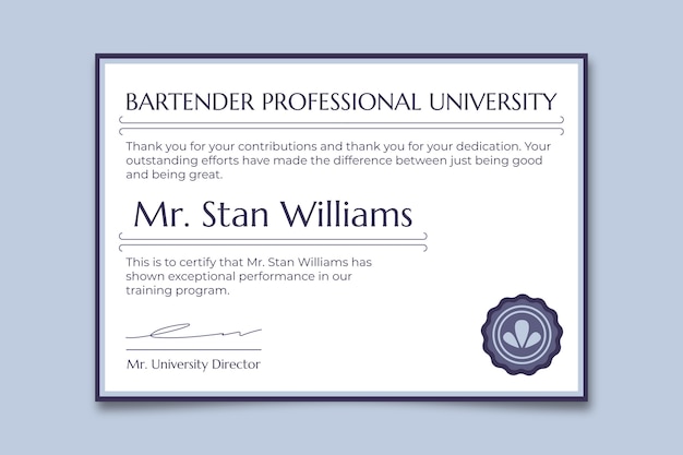 Бесплатное векторное изображение Сертификат профессионального бармена стэна уильямса