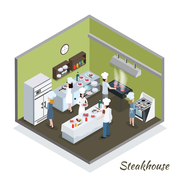 Free vector professional steakhouse kitchen interior isometric