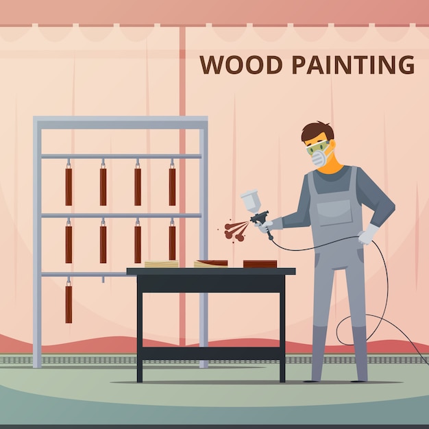 Free vector professional woodwork painter spraying acrylic paint over wood furniture parts