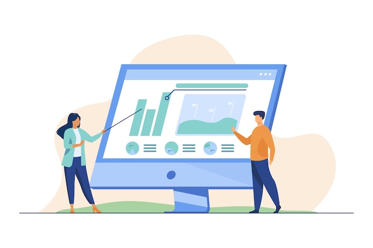 Free Vector professionals analyzing charts on computer monitor.