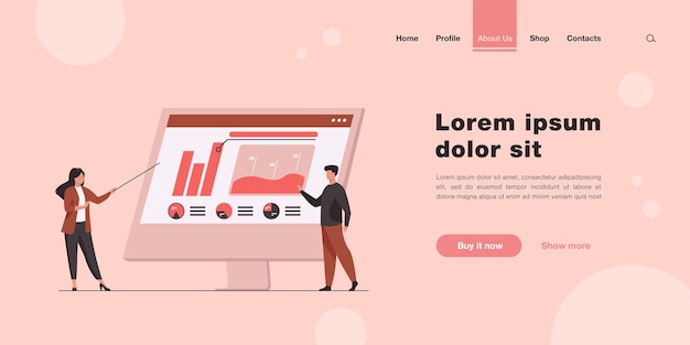 フラットスタイルでコンピューターモニターのランディングページのチャートを分析する専門家