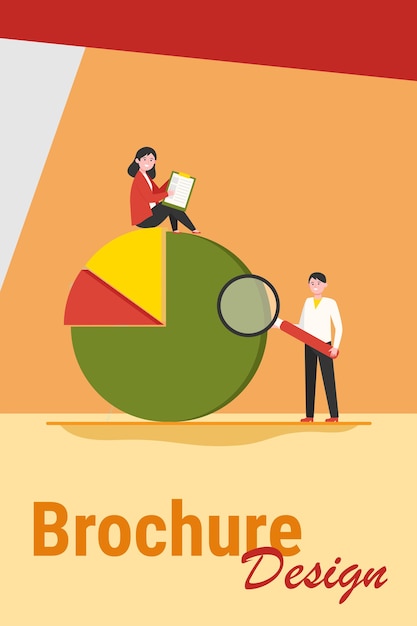 Professionals analyzing diagram. Two people with survey form and magnifier, pie chart flat vector illustration. Analysis, marketing report concept 