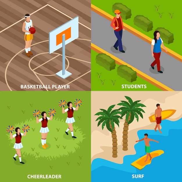 無料ベクター バスケットボール選手とサーファーのチアリーダーと分離された学生と人々の等尺性概念の職業