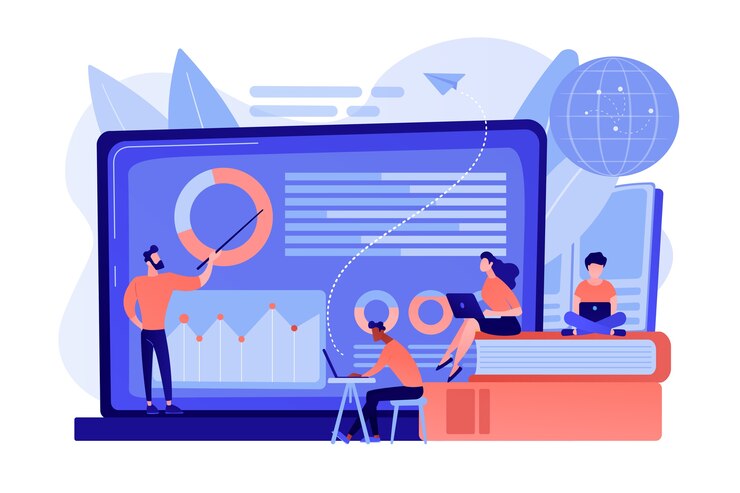 Free Vector professor with charts teaching students from laptop screen and globe
