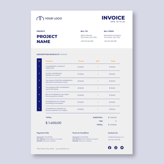 Free vector proffessional real estate invoice template