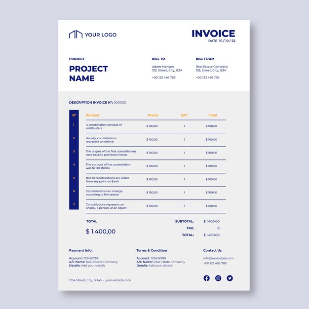 Proffessional real estate invoice template