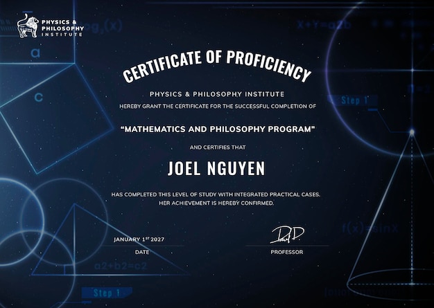 Proficiency certificate template, professional education, geometric design vector