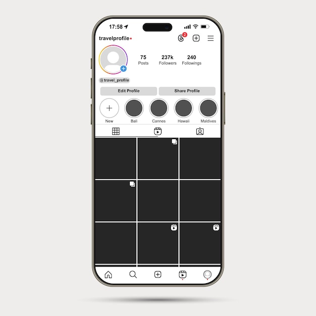 Vettore gratuito profilo vista anteriore iphone 15 pro max mockup in titanio naturale con modello di schermata vettoriale di instagram