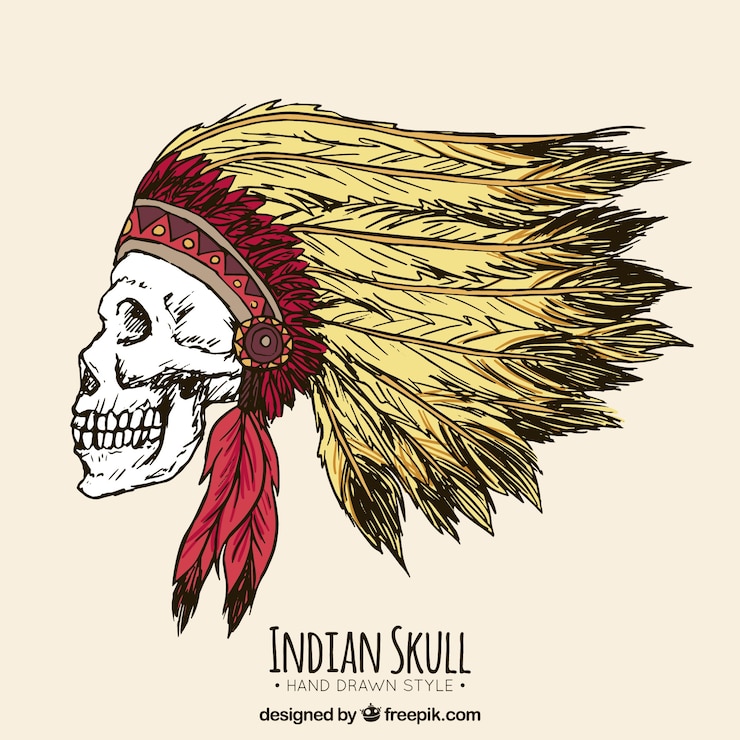 Free Vector profile of hand drawn skull with feathers