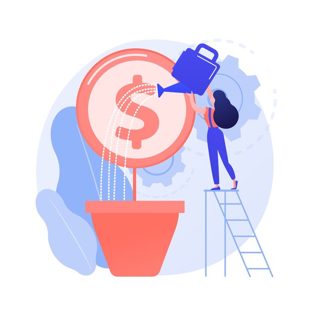 Profit growth, fundraiser. Businesswoman watering money tree. Income increase, growing income, economic literacy idea creative design element.