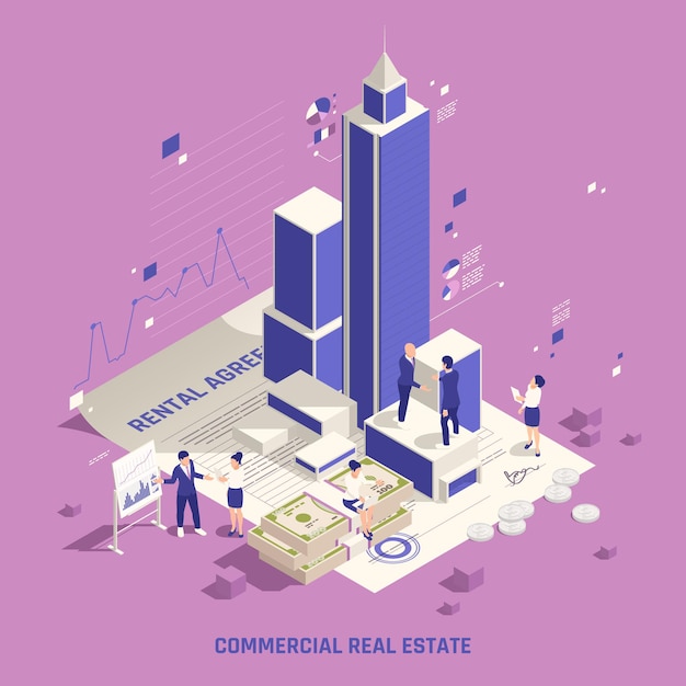 Бесплатное векторное изображение Выгодное инвестирование в недвижимость коммерческие здания бизнес офисное здание доход от аренды башни изометрическая композиция иллюстрация