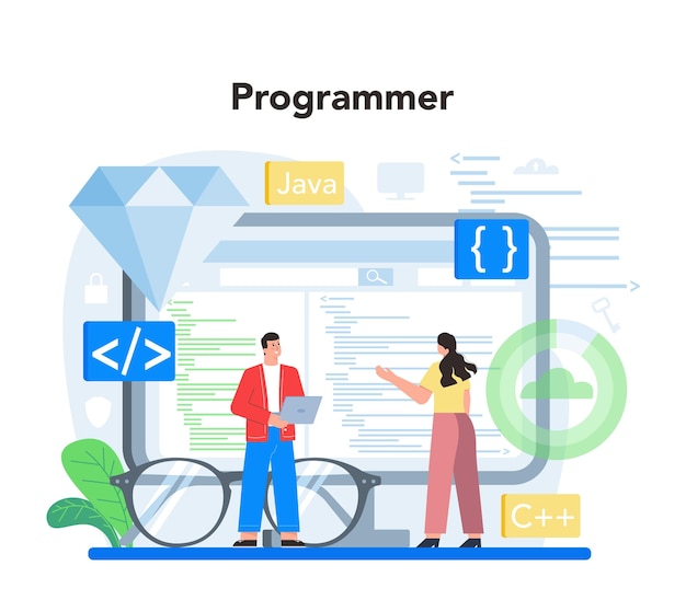 Programmer concept Idea of coding testing and writing program using internet and different software Website development and optimization Isolated vector illustration