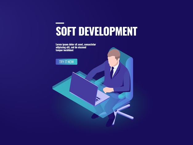 Free vector programmer development a software, programming isometric, business analytics