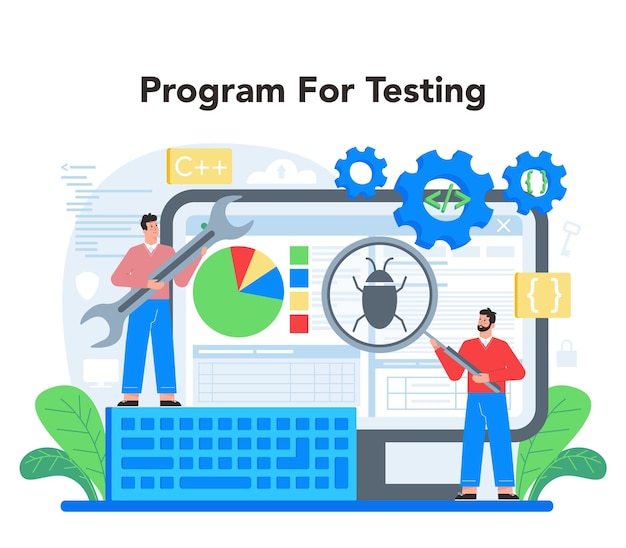 Vettore gratuito servizio o piattaforma online per programmatori programma di test e scrittura di codifica sviluppo e ottimizzazione di siti web programma di test illustrazione vettoriale isolata