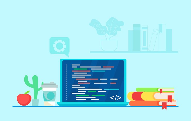 Free Vector programmer's workplace. writing code on a laptop. 