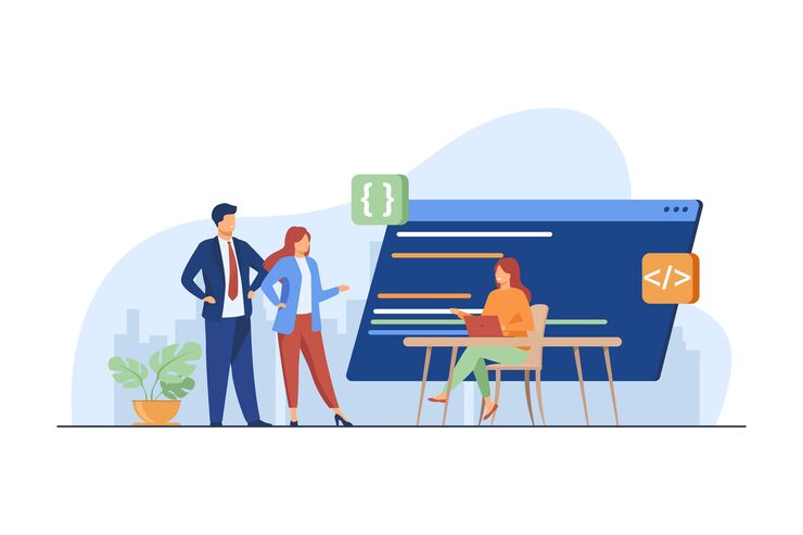 Free Vector programmers coding new program. laptop, code, development flat vector illustration. programming and digital technology