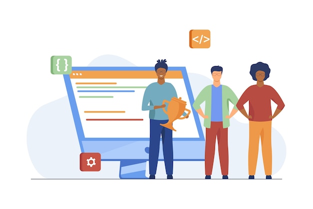 Vettore gratuito vincitore del concorso per programmatori. ragazzo che tiene la tazza dorata vicino al monitor del pc, illustrazione piana di vettore di simboli di codifica. programmazione, programmatori, leadership