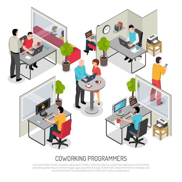 Free vector programmers coworking space isometric template