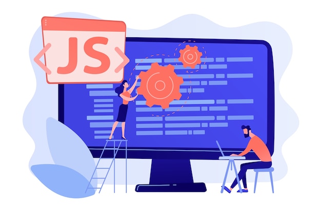 Free vector programmers using javascript programming language on computer, tiny people. javascript language, javascript engine, js web development concept