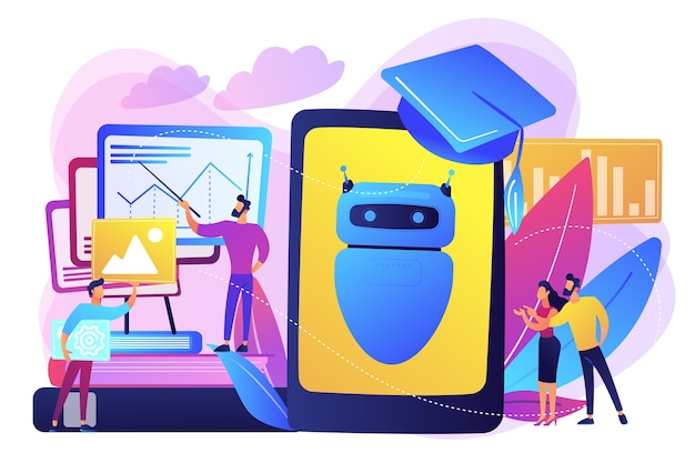 Programmers with charts make chatbot learn data from past results. Chatbot self learning, virtual assistants learning, AI machine learning concept. Bright vibrant violet  isolated illustration