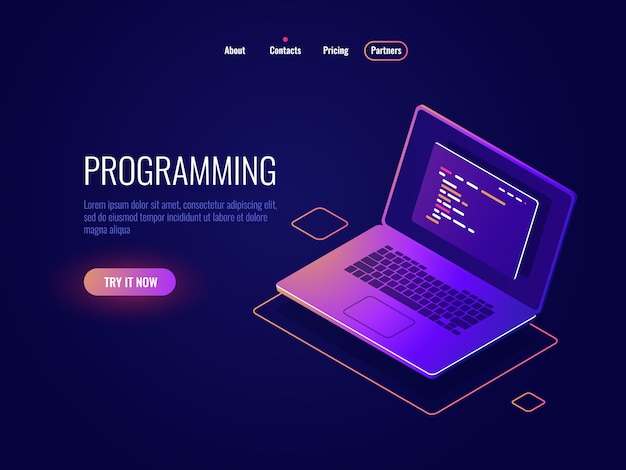 Программирование и написание кода изометрической иконки, разработка программного обеспечения, ноутбук с текстом программного кода