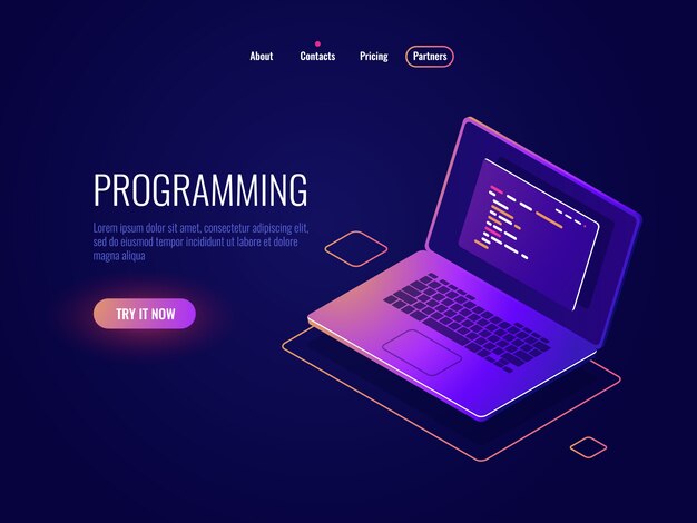 プログラミングとコード書き込み等尺性のアイコン、ソフトウェア開発、プログラムコードのテキストとノートパソコン