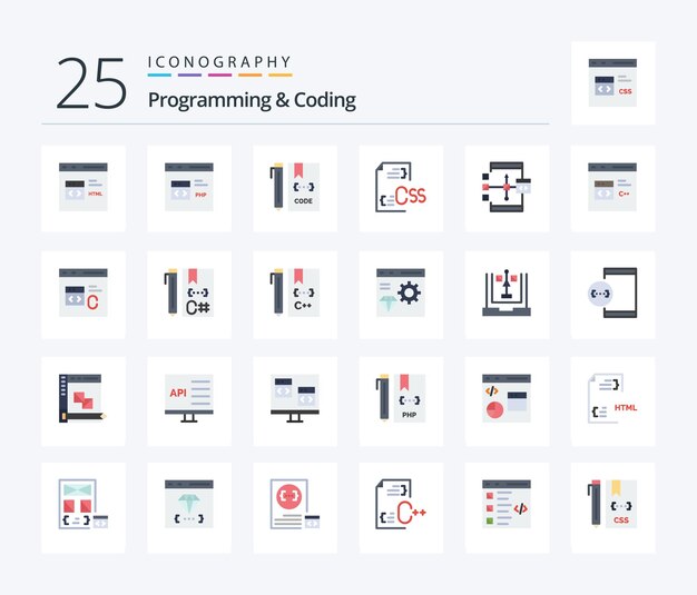 Programming And Coding 25 Flat Color icon pack including develop coding development file develop