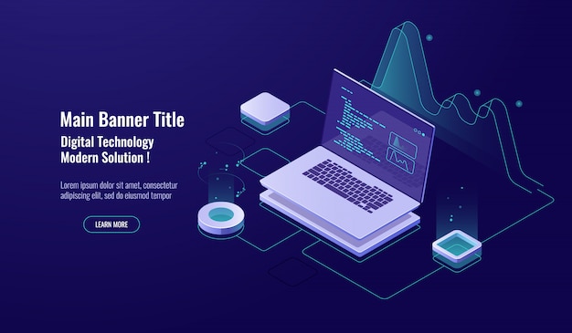 Icona isometrica di concetto di programmazione, computer portatile con il codice di programma sullo schermo, neon scuro di visualizzazione di dati