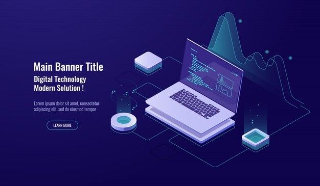 Programming concept isometric icon, laptop with program code on screen, data visualization dark neon