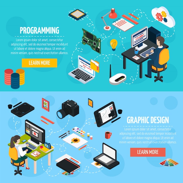 Free vector programming and graphic design isometric banners