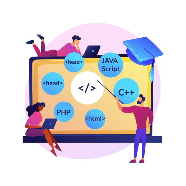 programming languages learning. software coding courses, website development class, script writing. it programmers cartoon characters.