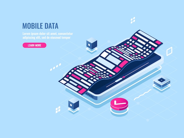 Free vector programming mobile software isometric icon, development application of mobile phone