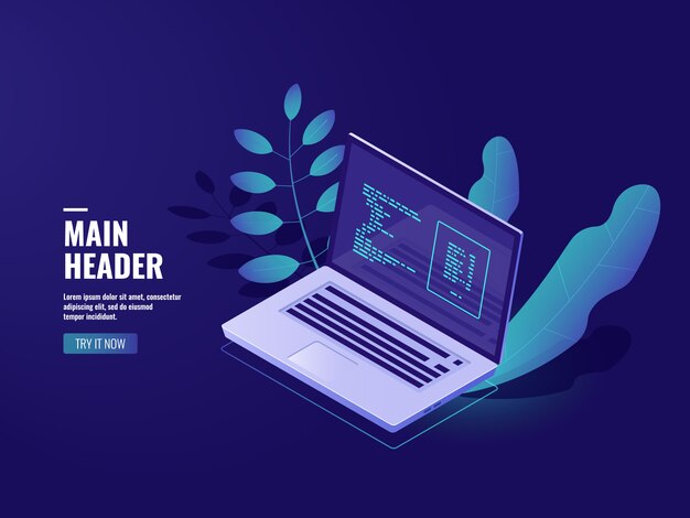 programming software, workplace office, laptop with houseplant, web development website