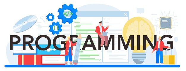 programming typographic header idea of coding testing and writing program using internet and different software website development and optimization isolated vector illustration