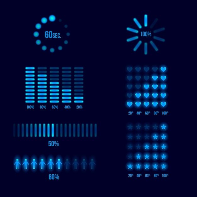 Free vector progress loading indicators set. load and download, upload element