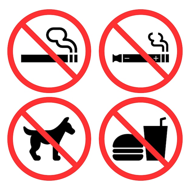 Prohibited Signs Set Smoking Vape Dogs and Food And Drink
