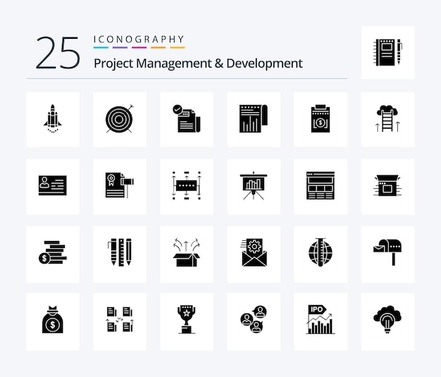 プロジェクト管理と開発 レポート財務チェック ビジネス機能を含む 25 ソリッド グリフ アイコン パック