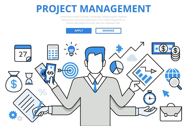 プロジェクト管理ビジネスマルチタスクコンセプトフラットラインアートアイコン。