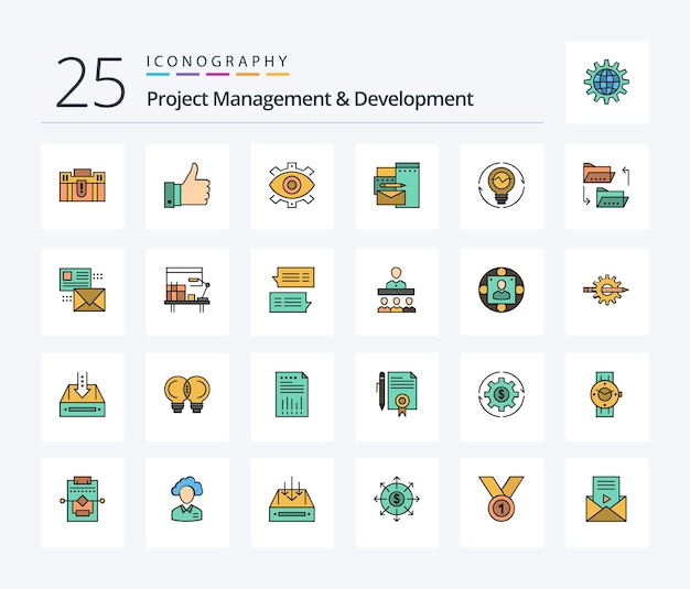 Free vector project management and development 25 line filled icon pack including production creative remarks business creative