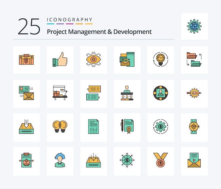Free Vector project management and development 25 line filled icon pack including production creative remarks business creative