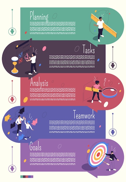 Project management isometric infographics template consisting of planning tasks analysis teamwork goals colored segments vector illustration