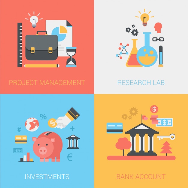 Free vector project management, research lab, investments, bank account icons set.