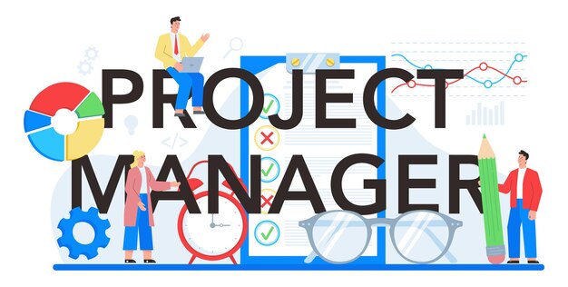 project manager typographic header successful strategy planning motivation and leadership marketing analysis and development vector illustration in cartoon style